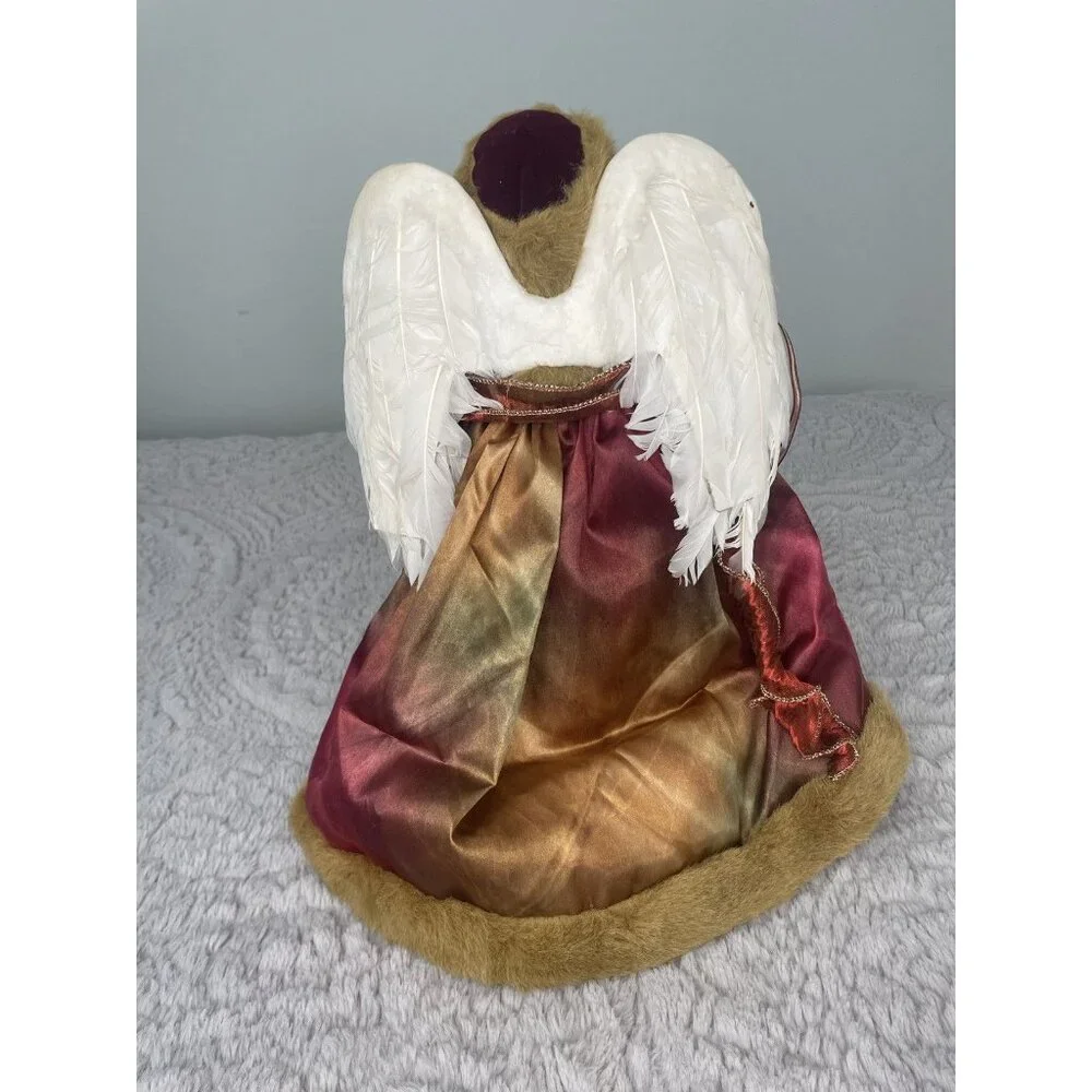Vtg Christmas Angel Tree Topper Burgundy Gold Faux Fur Coat 16